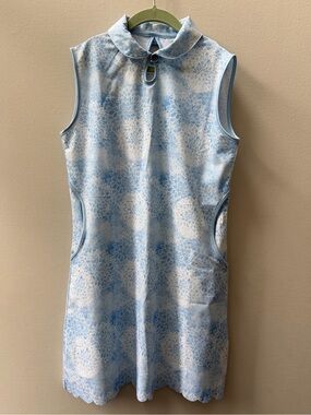 GARB Sleeveless Blue Floral Girls Dress Pockets Scalloped UPF Golf Tennis Club